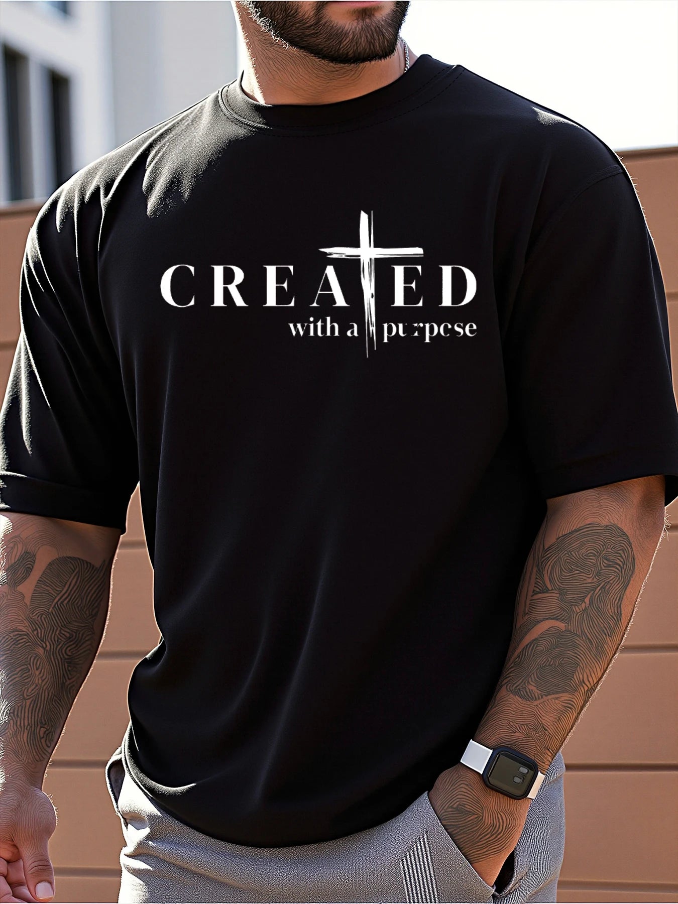 Men's 100% Cotton Cross Print T-Shirt - Slim Fit Round Neck Summer Tee worn by a man in a black tee with 'CREATED with a purpose' design.