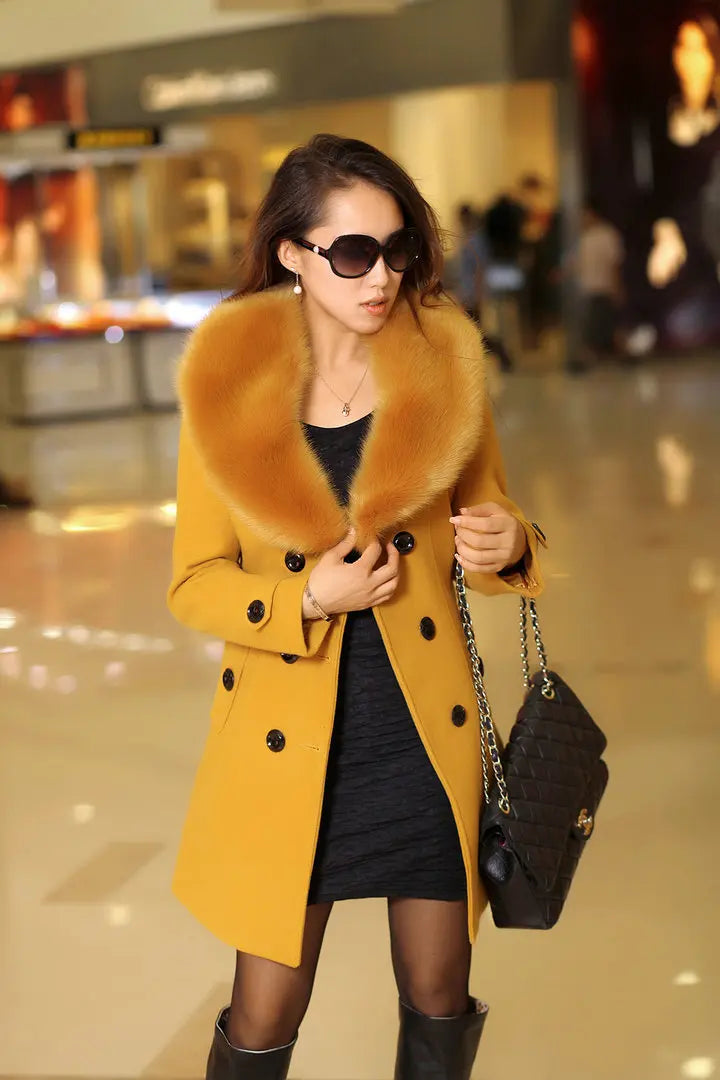Womens Faux Fur Collar Solid Trench Coats