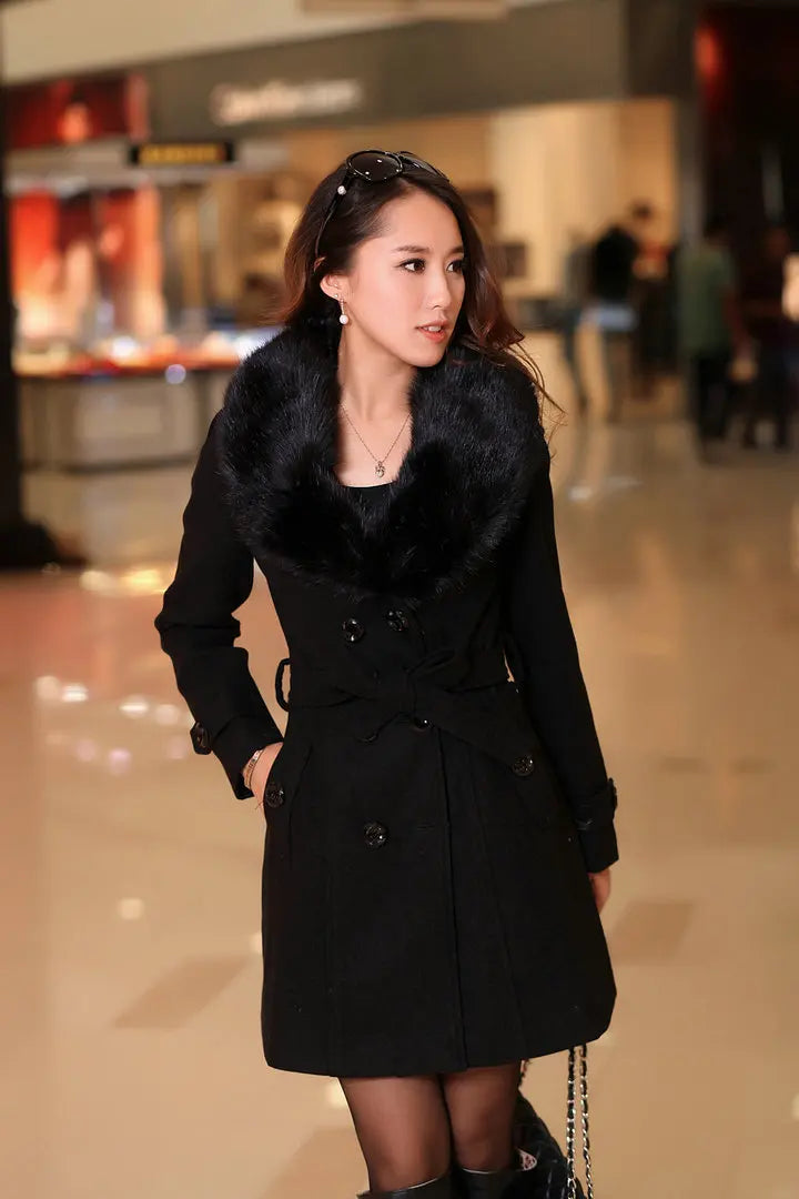Womens Faux Fur Collar Solid Trench Coats