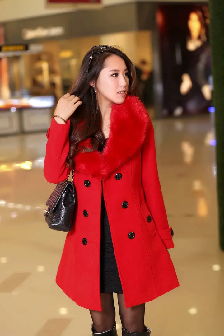 Womens Faux Fur Collar Solid Trench Coats