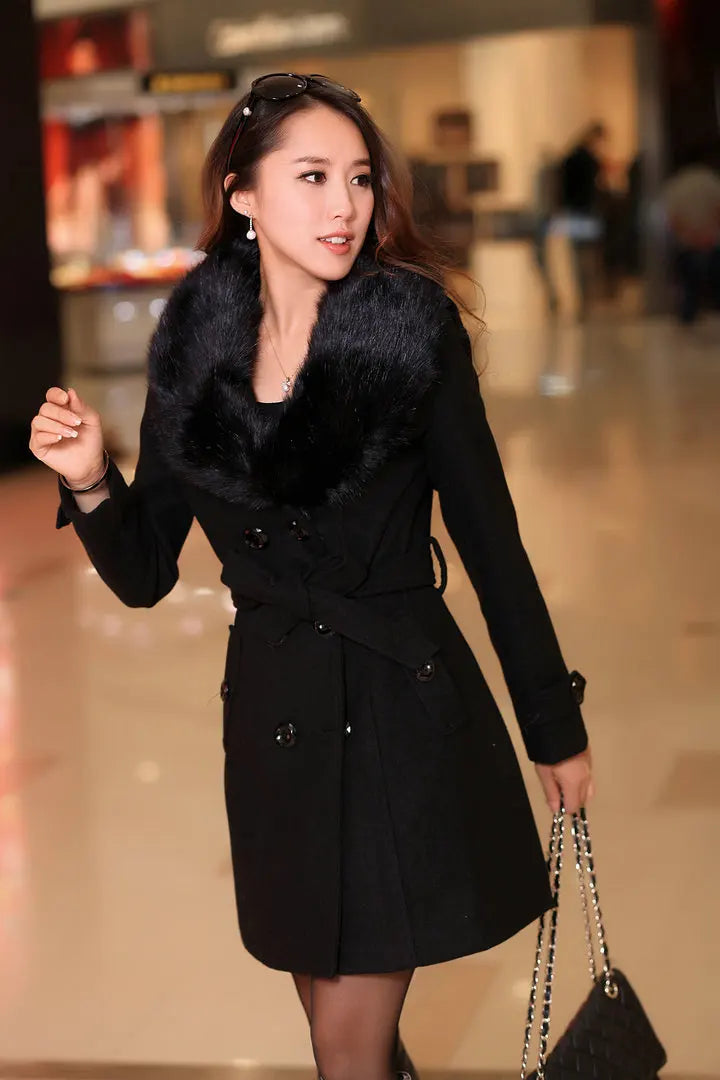 Womens Faux Fur Collar Solid Trench Coats