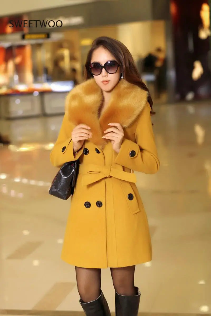 Womens Faux Fur Collar Solid Trench Coats