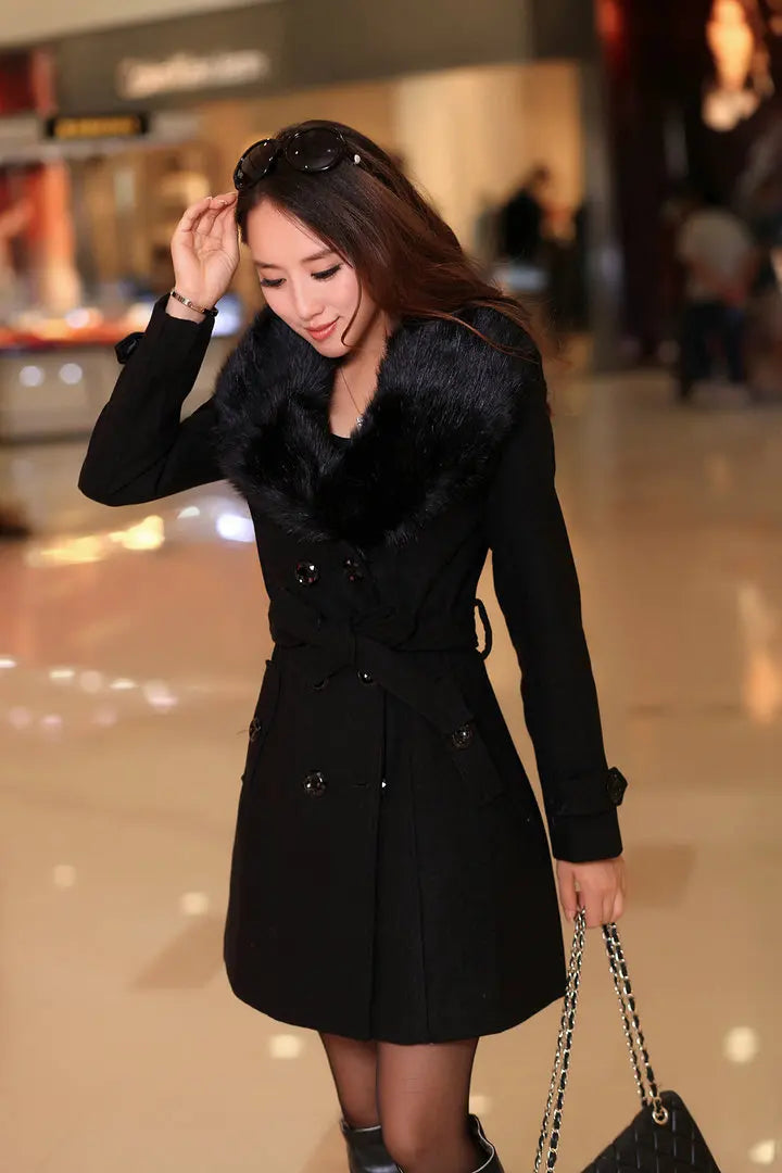 Womens Faux Fur Collar Solid Trench Coats