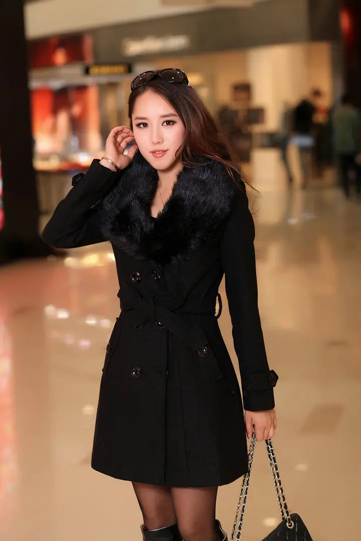 Womens Faux Fur Collar Solid Trench Coats