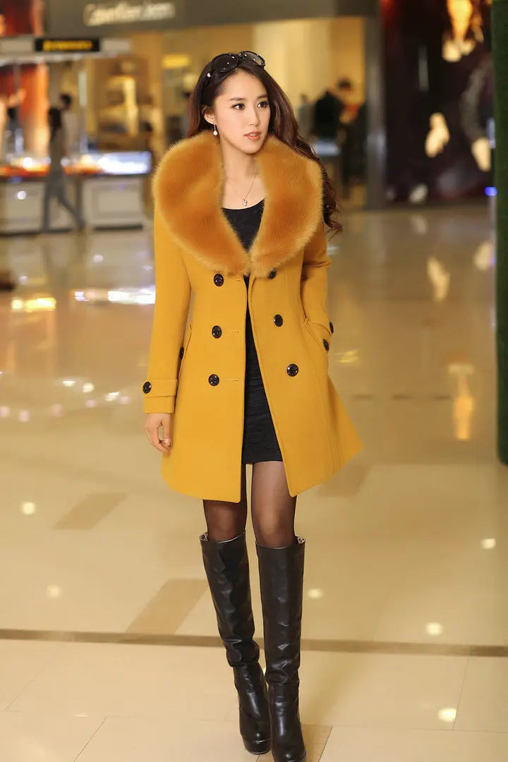 Womens Faux Fur Collar Solid Trench Coats