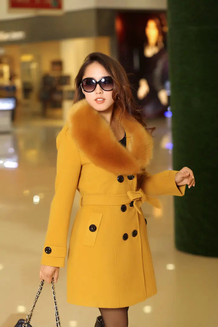 Womens Faux Fur Collar Solid Trench Coats