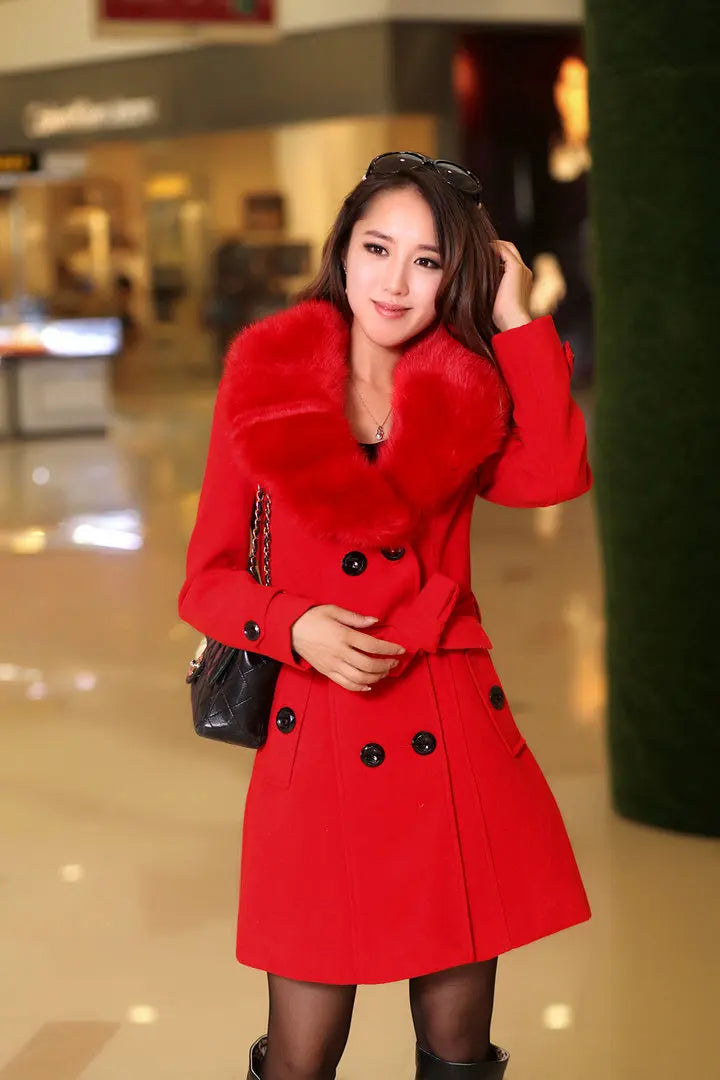 Womens Faux Fur Collar Solid Trench Coats