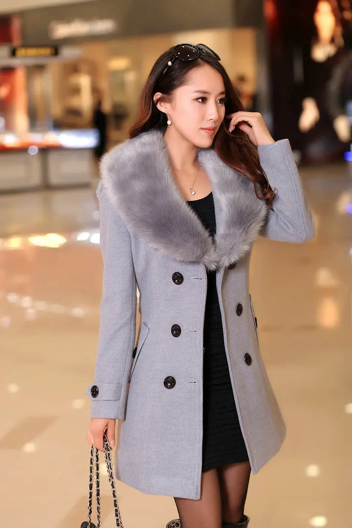 Womens Faux Fur Collar Solid Trench Coats