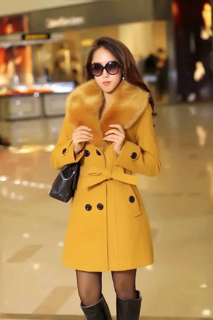 Womens Faux Fur Collar Solid Trench Coats