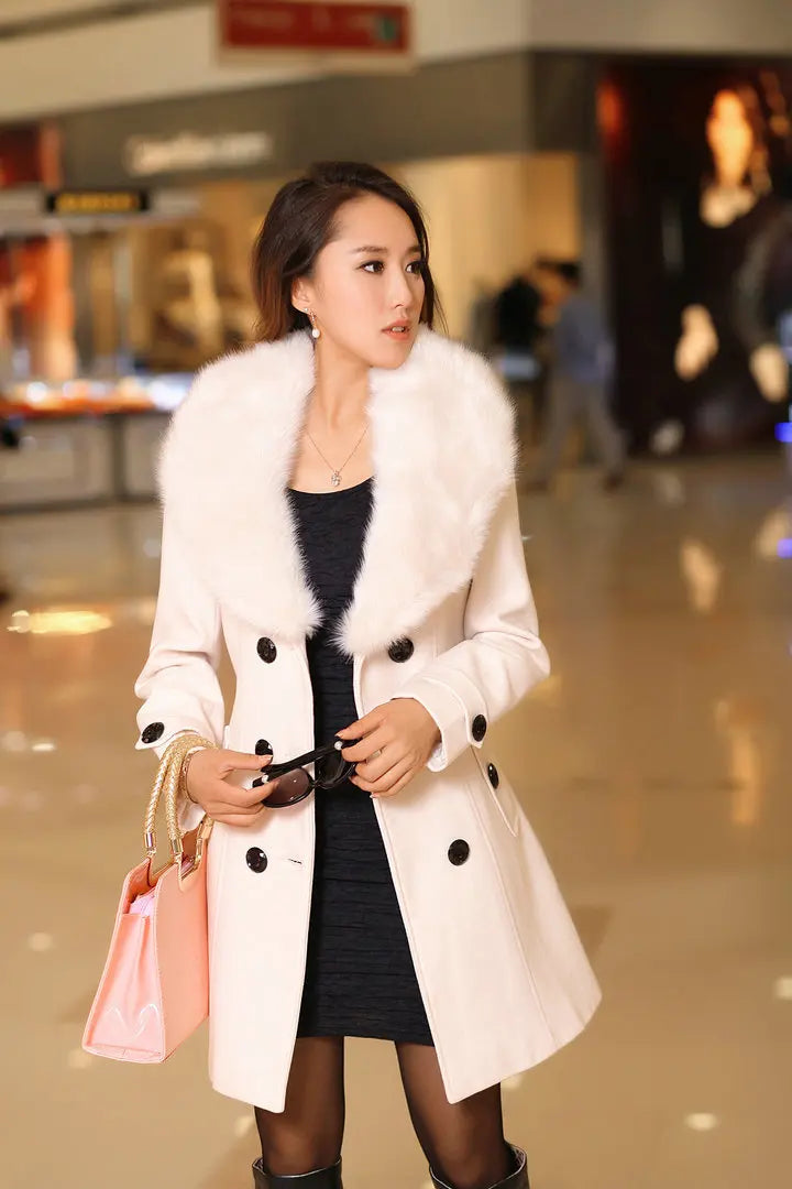 Womens Faux Fur Collar Solid Trench Coats