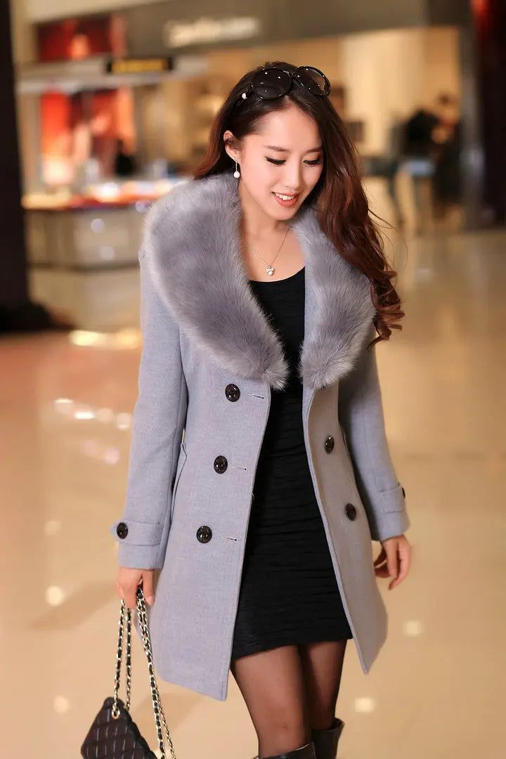 Womens Faux Fur Collar Solid Trench Coats