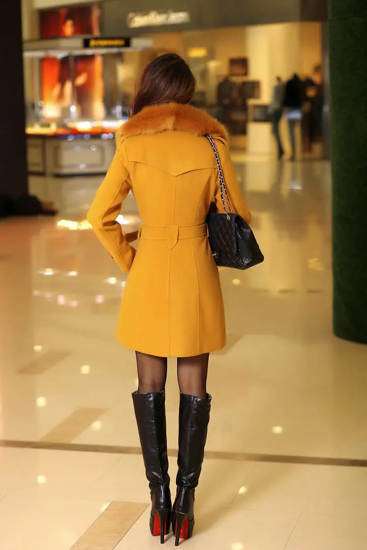 Womens Faux Fur Collar Solid Trench Coats