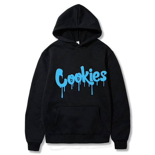 2024 new anime cookie printed cotton men's autumn and winter men's and women's sweatshirt hoodie in black with blue 'Cookies' print.