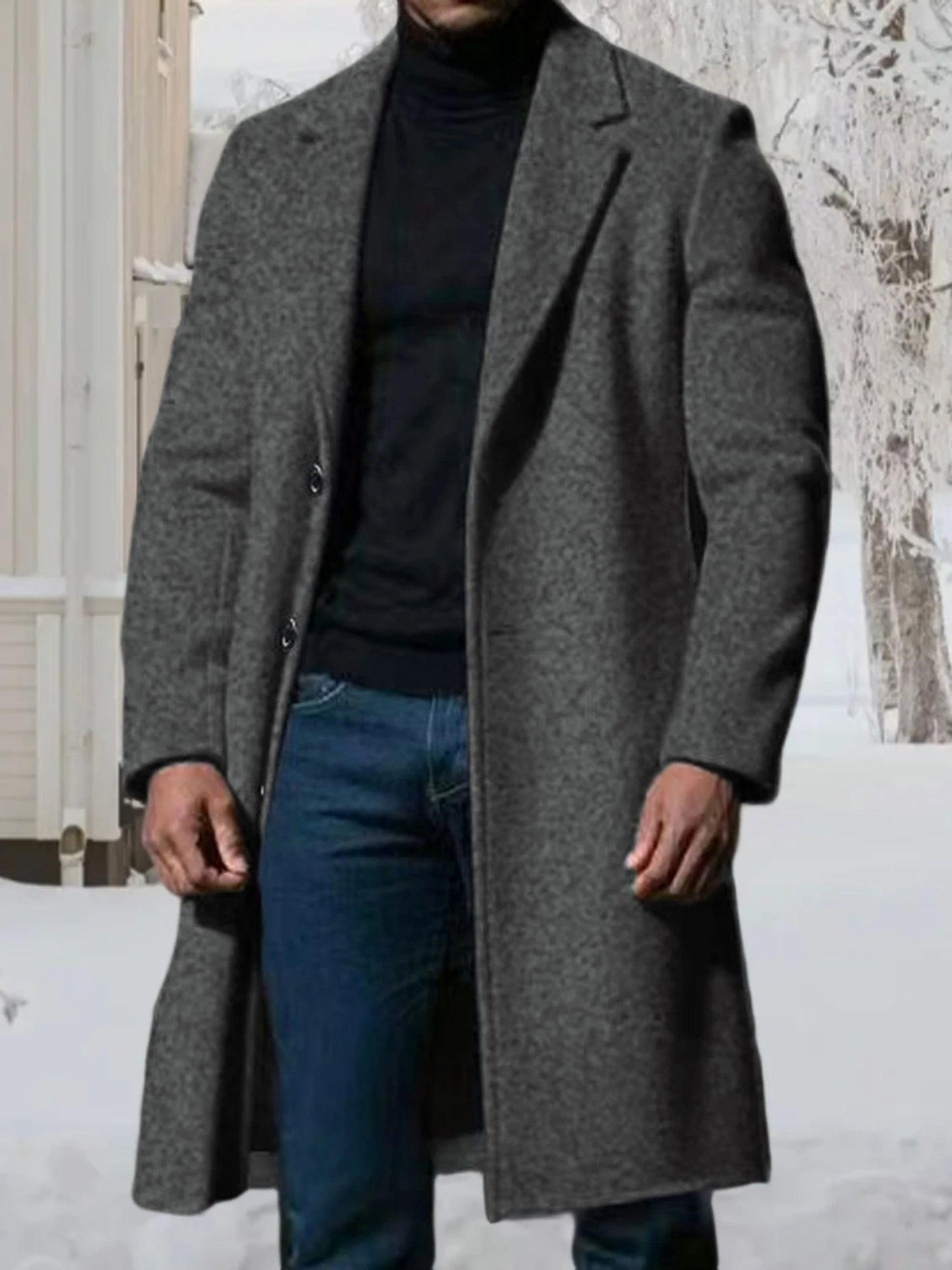 Men s Classic Wool Blend Pea Coat with Notched Lapel Winter Warm Long Sleeve Solid Color Single Breasted Overcoat Trench Coat