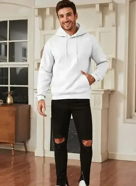 Men's vintage patterned hooded sweatshirt long sleeves drawstring hood sporty autumn pullover worn by model indoors.
