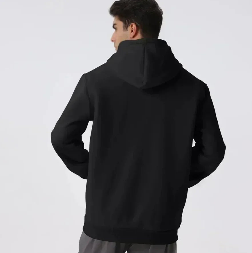 Men's vintage patterned hooded sweatshirt long sleeves drawstring hood sporty autumn pullover in black from the back.