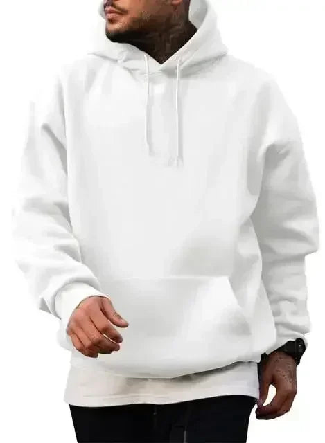 Men's vintage patterned hooded sweatshirt long sleeves drawstring hood sporty autumn pullover in white color.