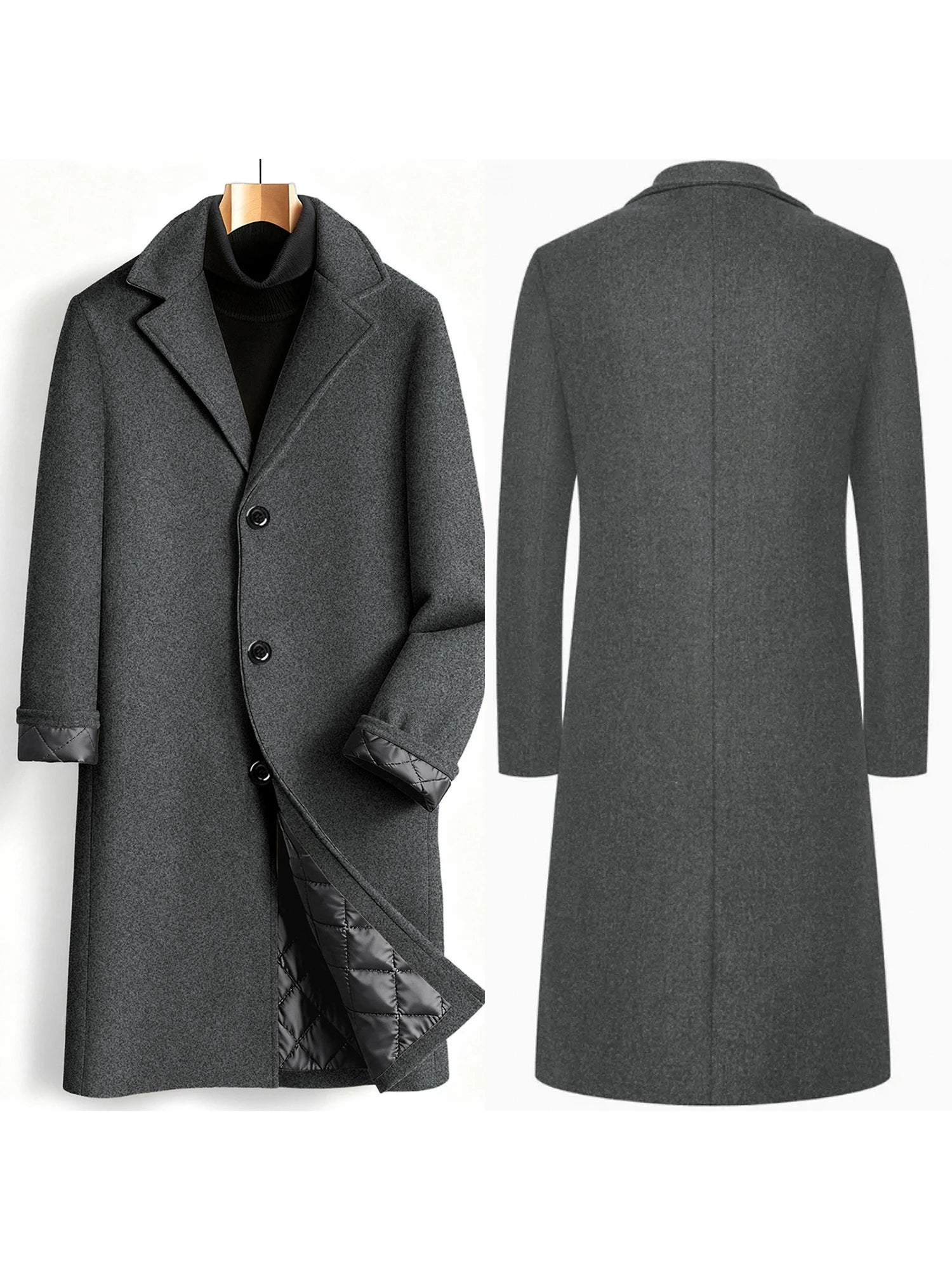 Men s Classic Wool Blend Pea Coat with Notched Lapel Winter Warm Long Sleeve Solid Color Single Breasted Overcoat Trench Coat