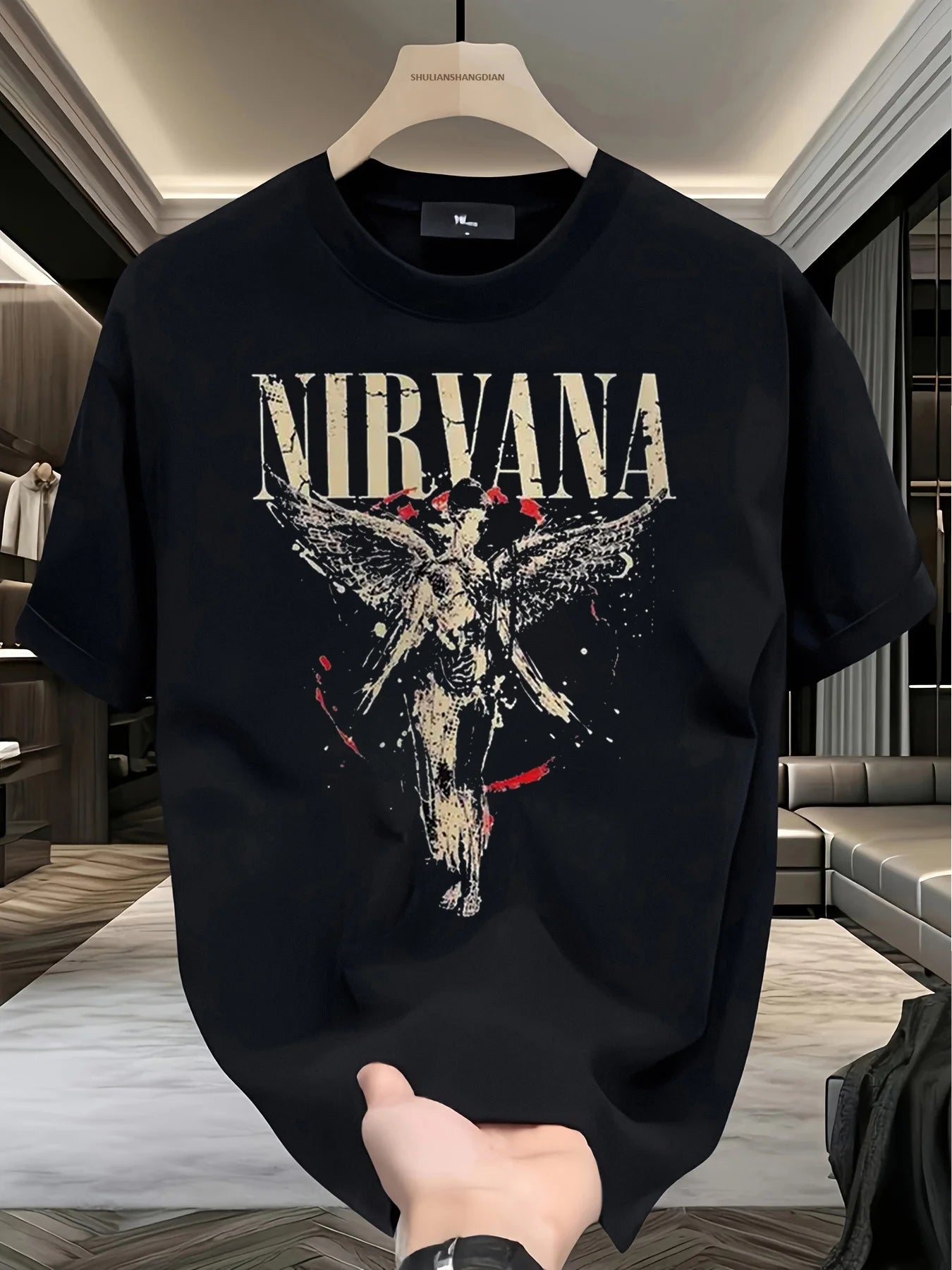 Angel, Nirvana Rebirth, Pattern Front Print, Men's Short sleeved T-shirt displayed on a hanger in a stylish interior.
