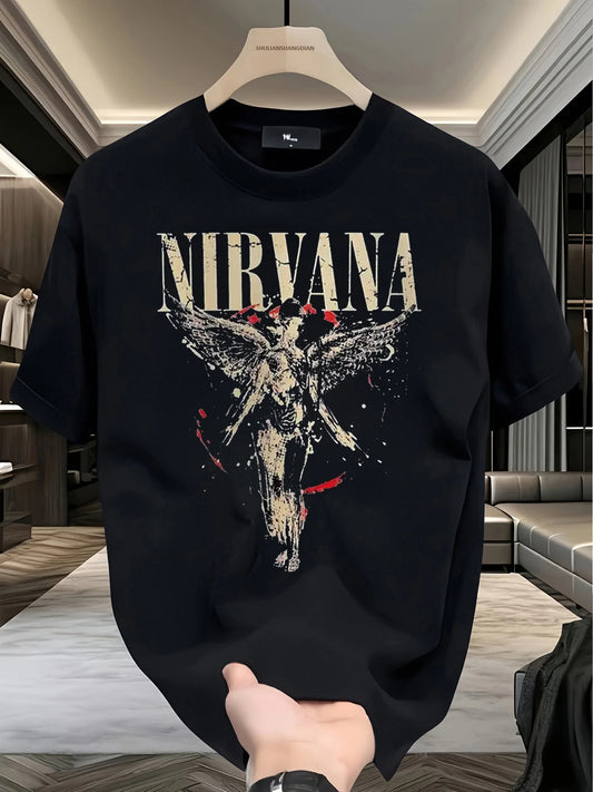 Angel, Nirvana Rebirth, Pattern Front Print, Men's Short sleeved T-shirt displayed on a hanger in a stylish interior.