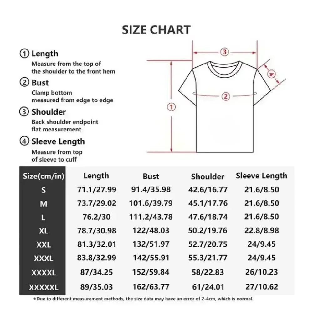 Size chart for Pierce The Veil Band T-Shirt - Black Unisex Cotton Crew Neck Tee with measurements for various sizes.
