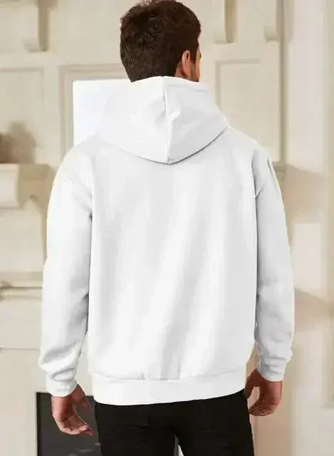 Men's vintage patterned hooded sweatshirt long sleeves drawstring hood sporty autumn pullover back view