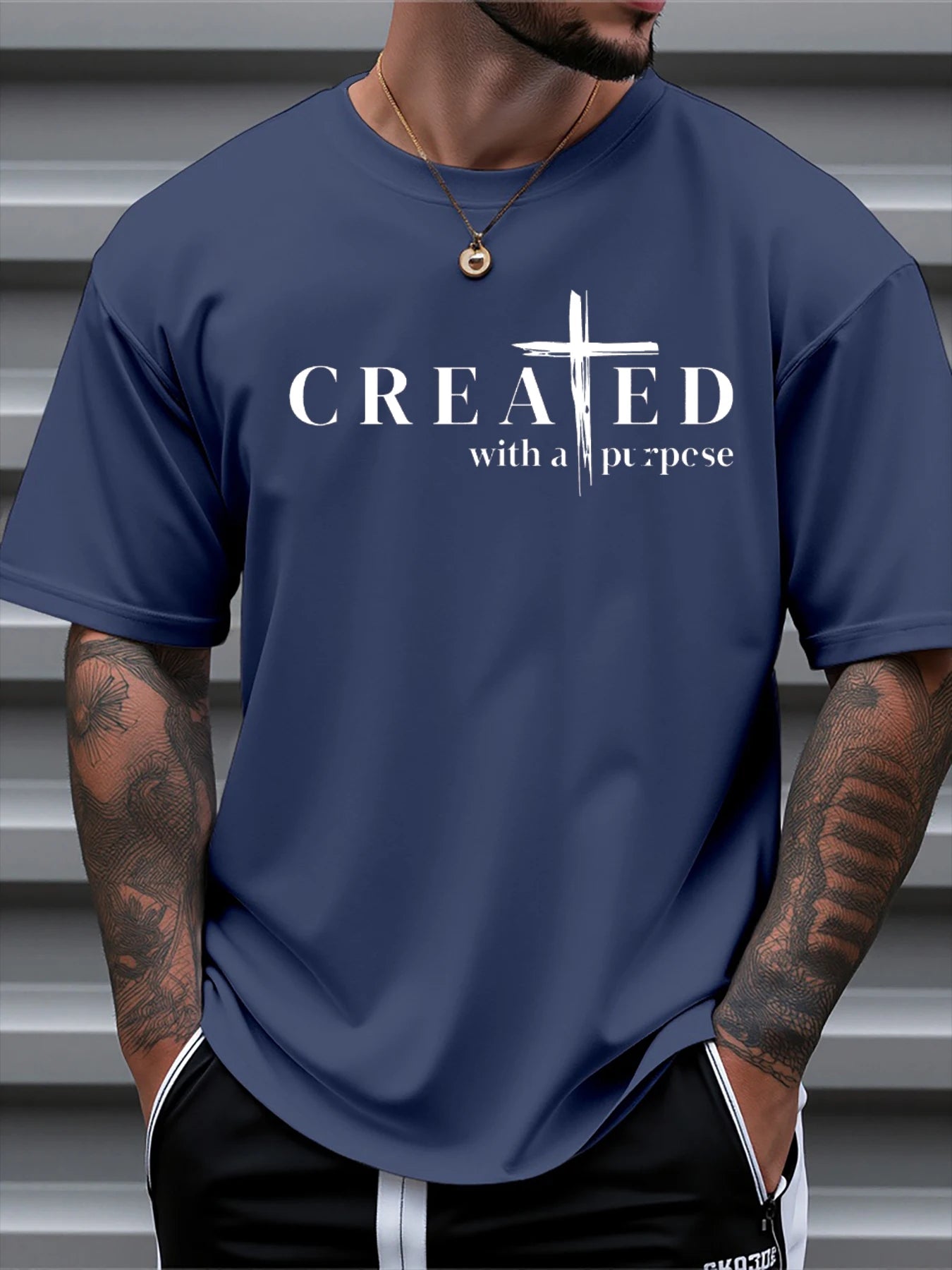 Men's 100% Cotton Cross Print T-Shirt - Slim Fit Round Neck Summer Tee in navy blue with 'Created with a Purpose' graphic.