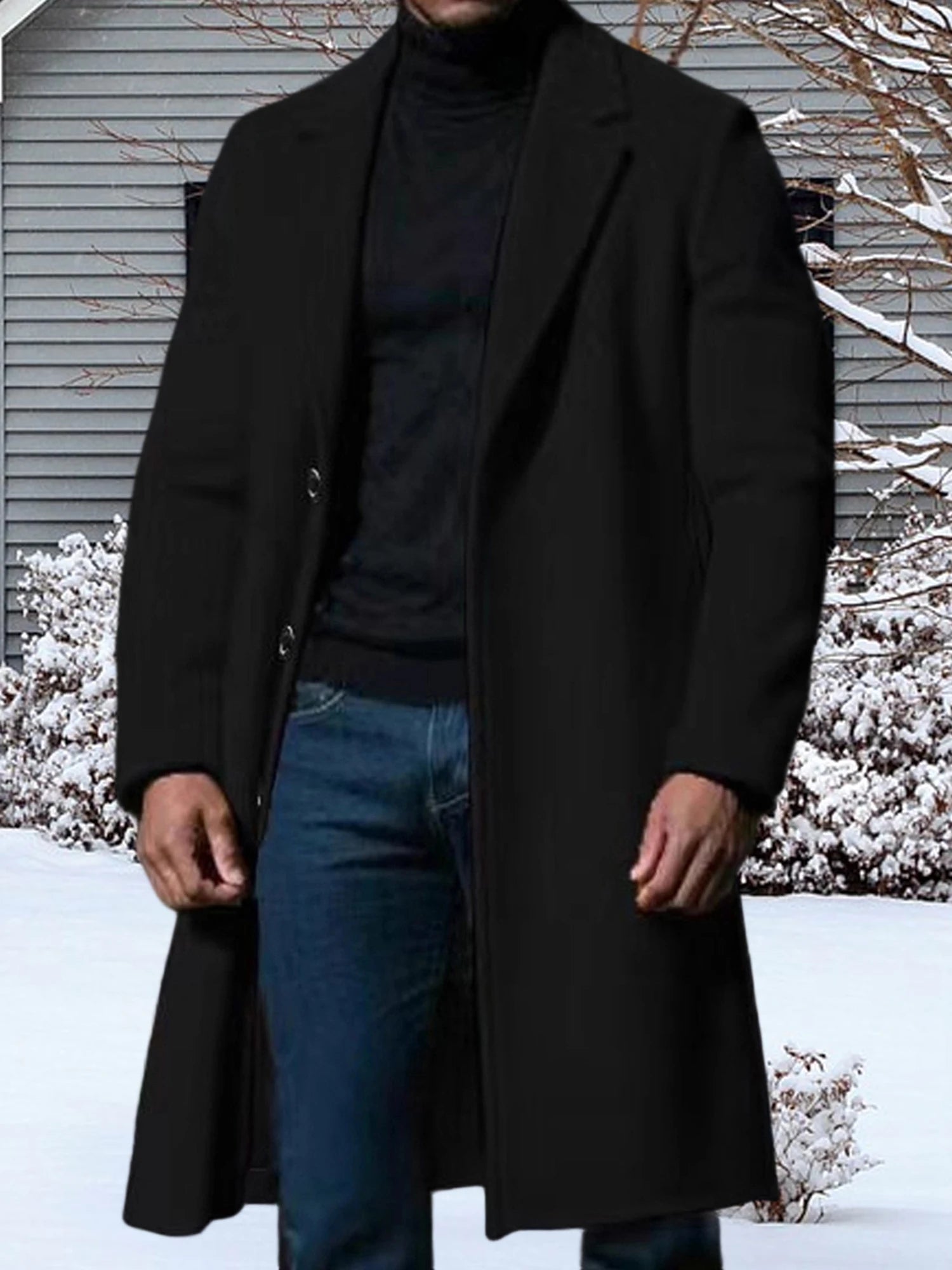 Men s Classic Wool Blend Pea Coat with Notched Lapel Winter Warm Long Sleeve Solid Color Single Breasted Overcoat Trench Coat