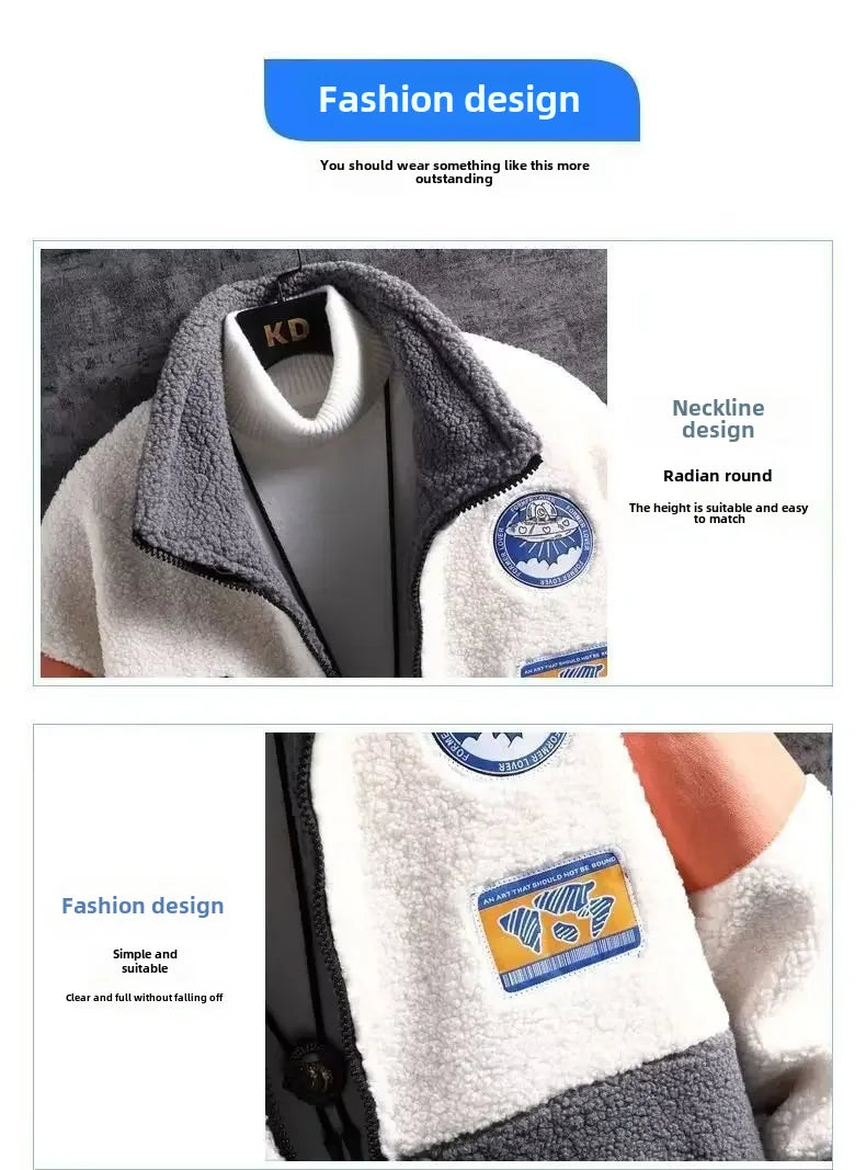 Winter Men's Wool Top Jacket Korean Style Trendy Versatile Casual Loose Fit Fleece Lined Thickened Shake Fleece Jacket For Men close-up details