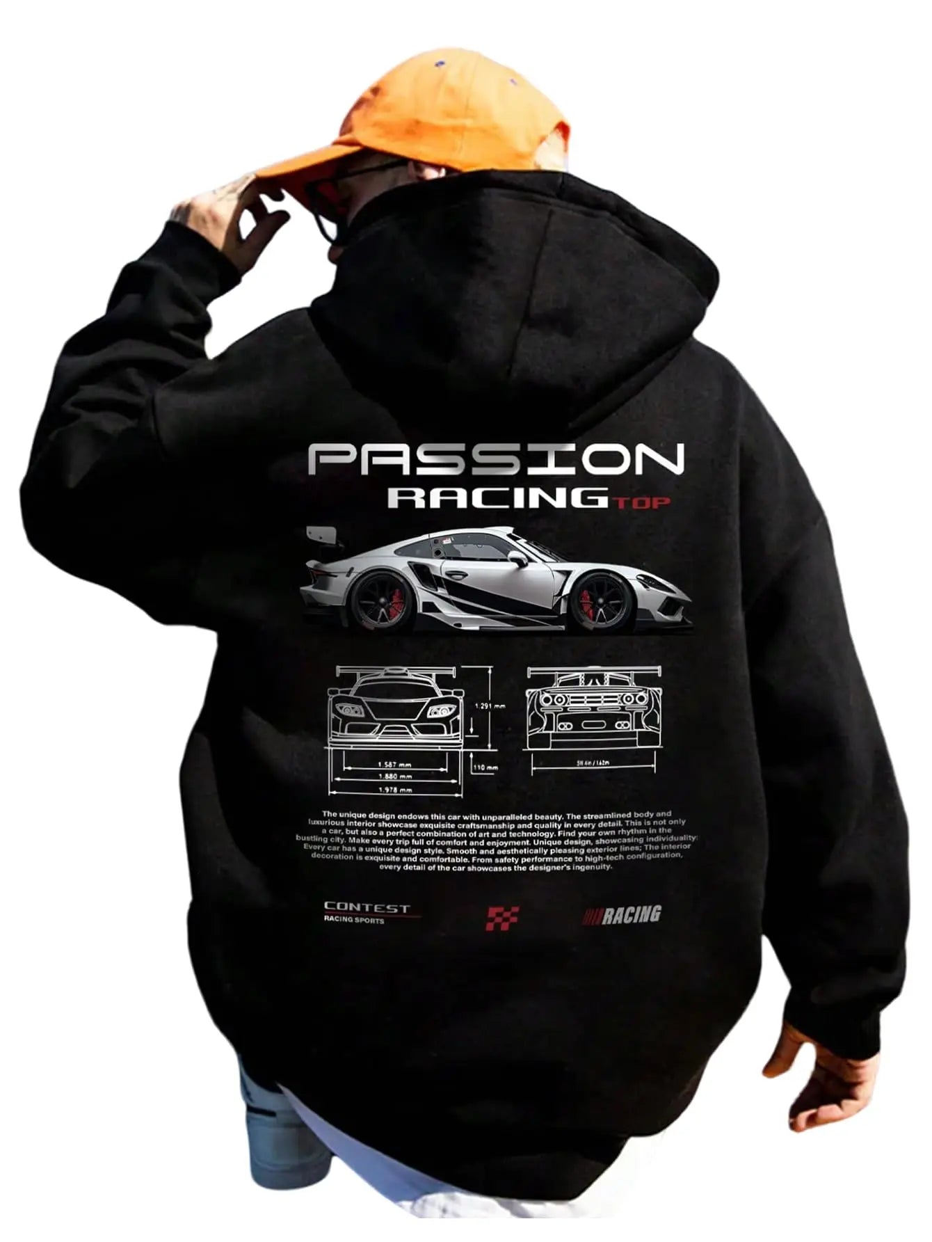 Men's vintage patterned hooded sweatshirt long sleeves drawstring hood sporty autumn pullover with racing graphics on back.