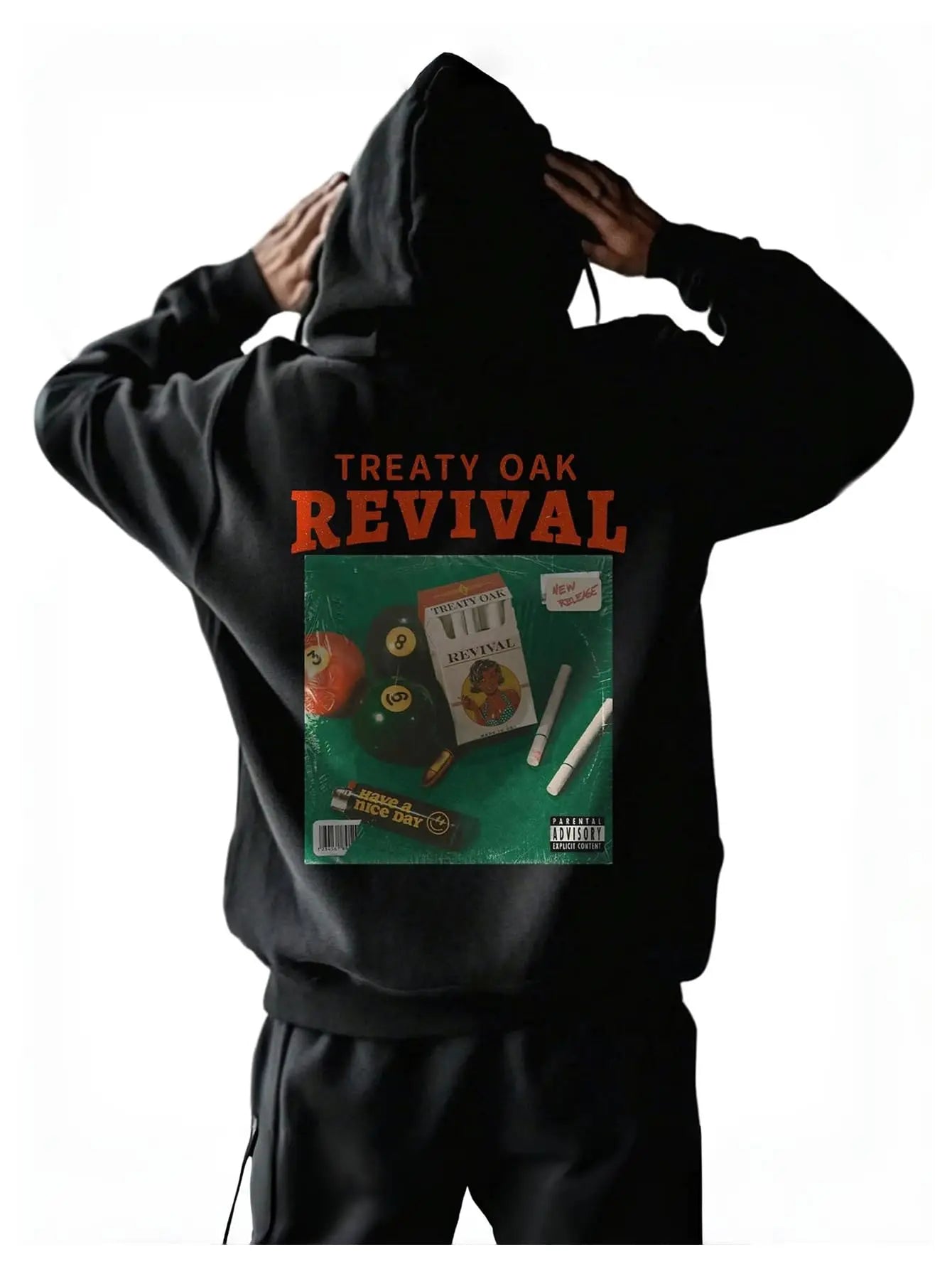 Men's vintage patterned hooded sweatshirt long sleeves drawstring hood sporty autumn pullover with Treaty Oak Revival design.