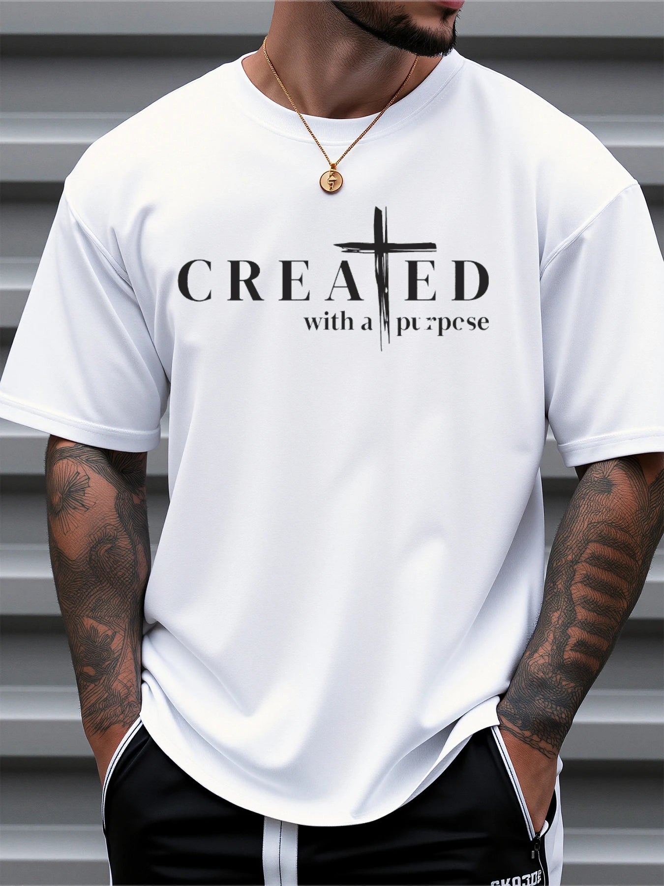 Men's 100% Cotton Cross Print T-Shirt - Slim Fit Round Neck Summer Tee in white with 'CREATED with a purpose' design.