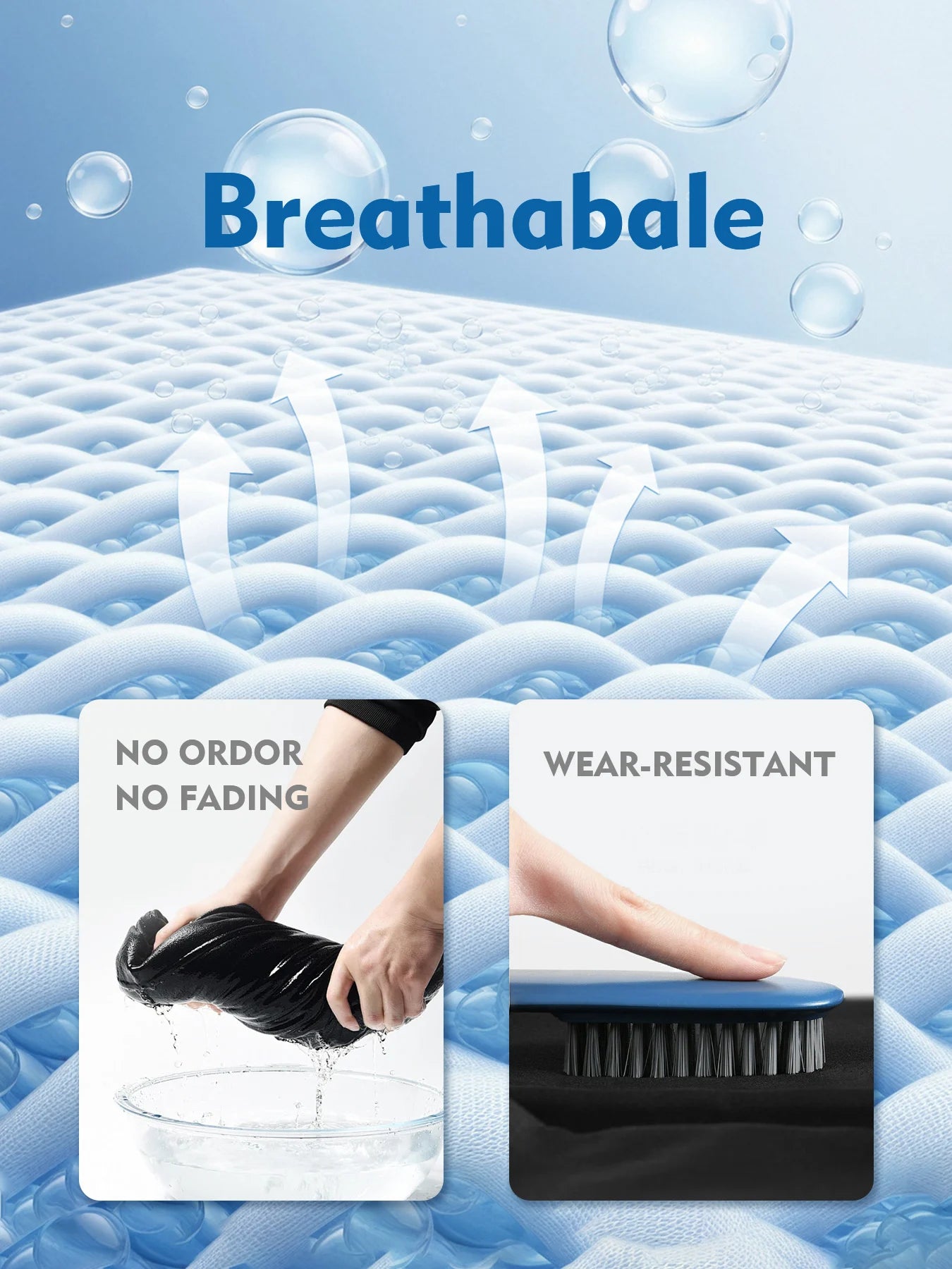 Breathable mattress features including no odor, no fading, and wear-resistant design for durability and comfort.