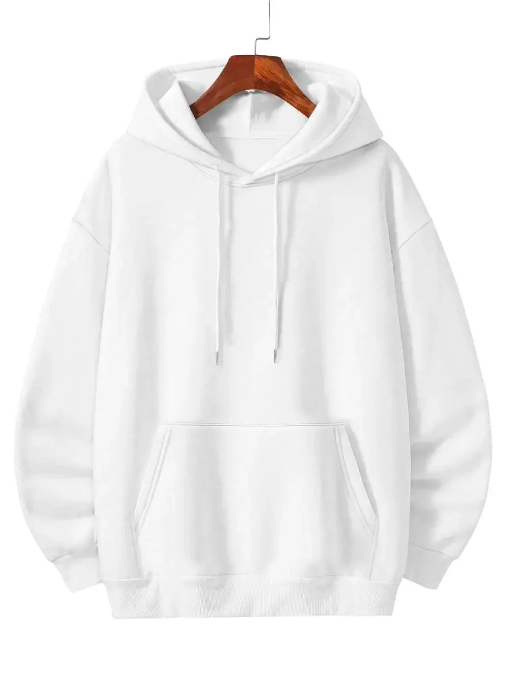 Men's vintage patterned hooded sweatshirt long sleeves drawstring hood sporty autumn pullover in white color.