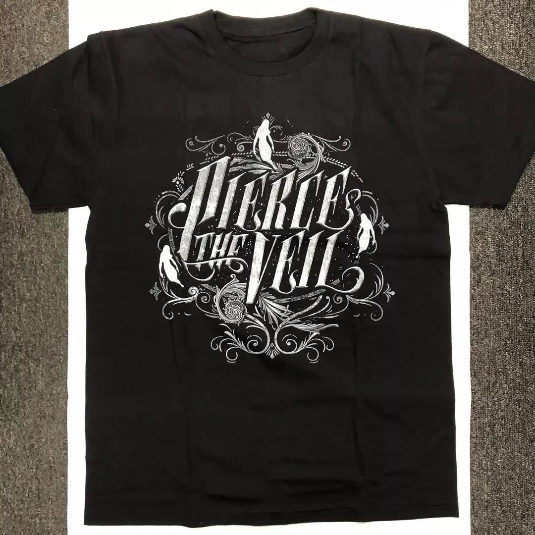 Pierce The Veil Band T-Shirt - Black Unisex Cotton Crew Neck Tee with intricate design on front.