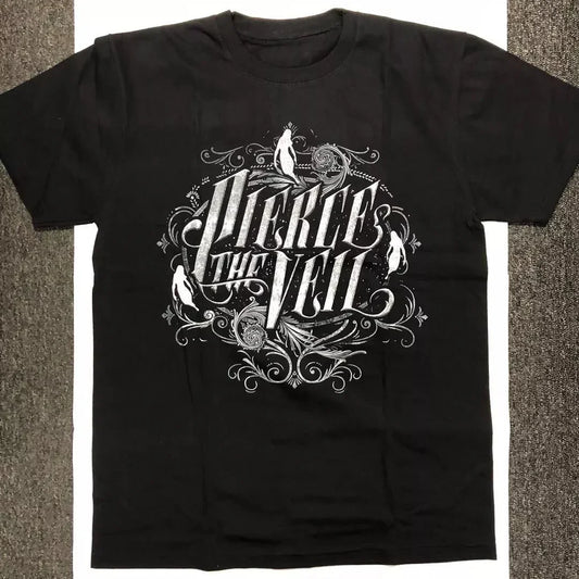 Pierce The Veil Band T-Shirt - Black Unisex Cotton Crew Neck Tee with intricate design on front.