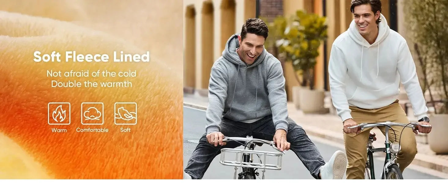 Men's vintage patterned hooded sweatshirt long sleeves drawstring hood sporty autumn pullover worn by two men riding bicycles.