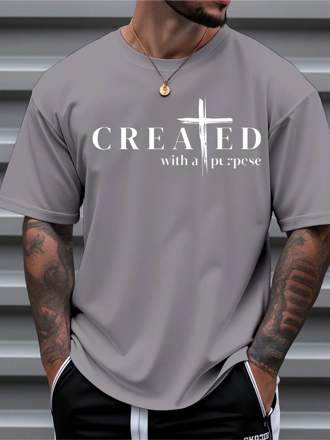Men's 100% Cotton Cross Print T-Shirt - Slim Fit Round Neck Summer Tee model wearing grey tee with 'CREATED with a purpose' print.