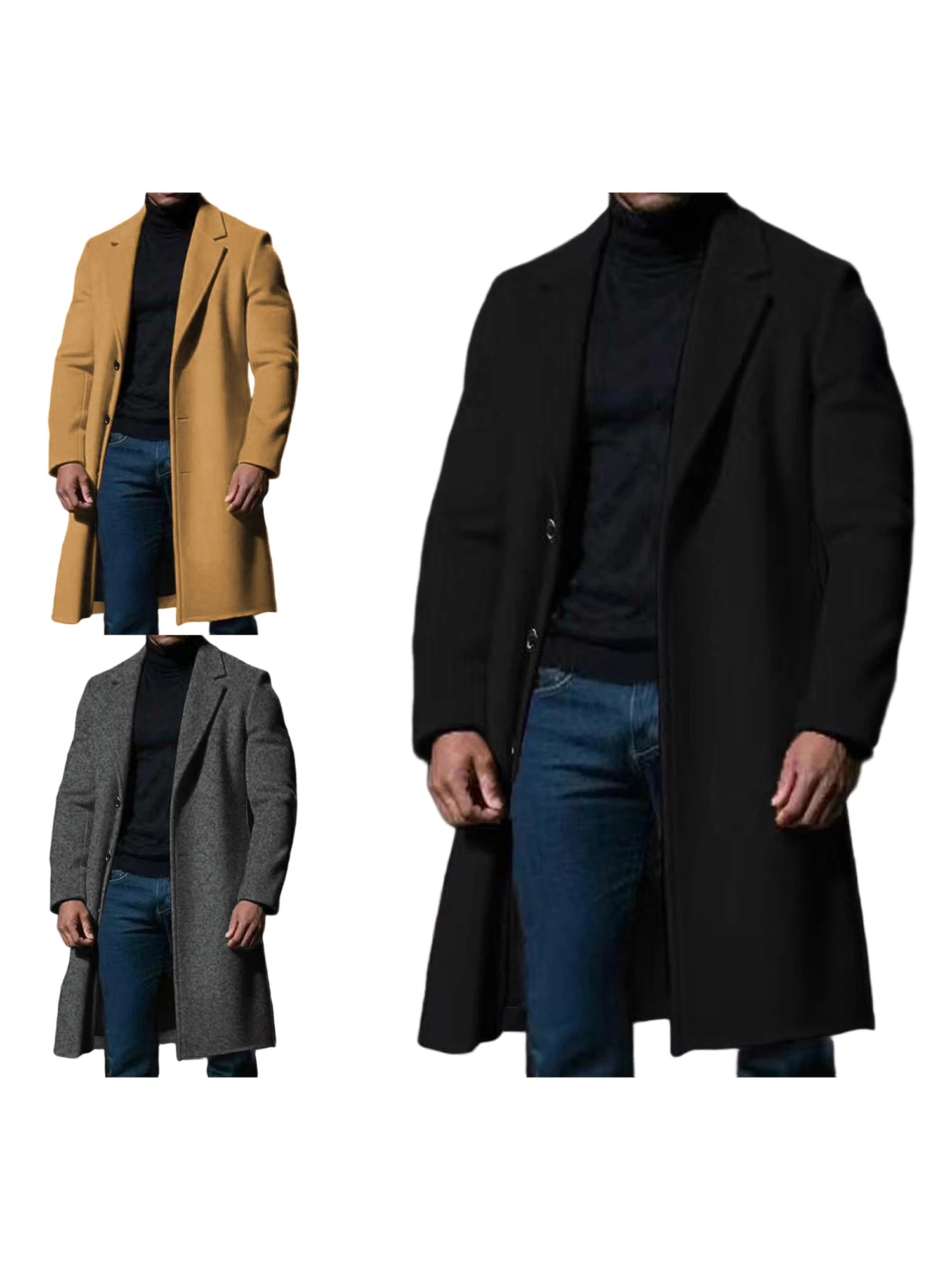 Men s Classic Wool Blend Pea Coat with Notched Lapel Winter Warm Long Sleeve Solid Color Single Breasted Overcoat Trench Coat