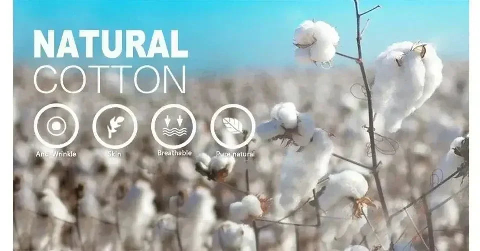 Natural cotton fields showcasing anti-wrinkle, breathable, and skin-friendly properties.