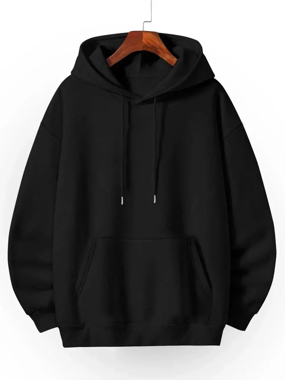 Men's vintage patterned hooded sweatshirt long sleeves drawstring hood sporty autumn pullover in black color.