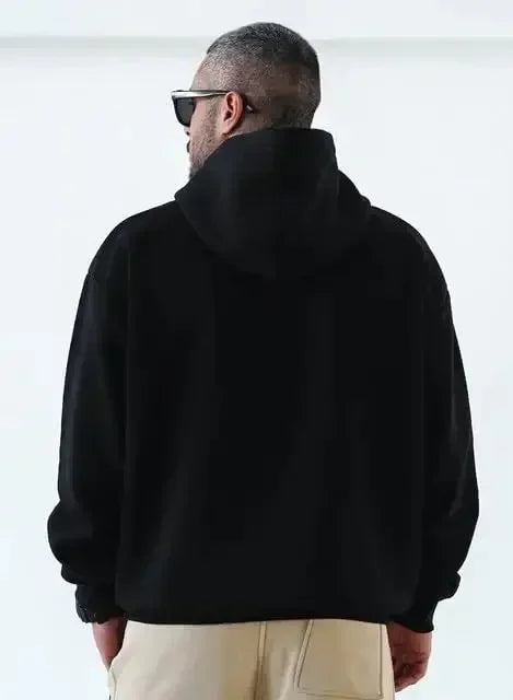 Men's vintage patterned hooded sweatshirt long sleeves drawstring hood sporty autumn pullover - back view.