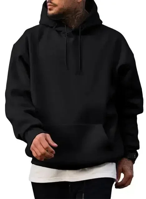 Men's vintage patterned hooded sweatshirt long sleeves drawstring hood sporty autumn pullover in a black color